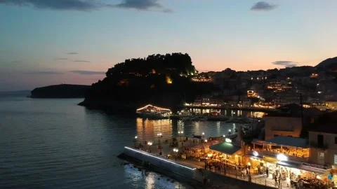 Aerial panoramic night cityscape view over Parga coastal city, Epirus, Greece Stock Footage 152831398