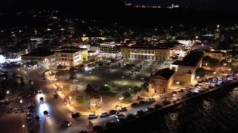 Aerial panoramic night view over Solomos square in Zakynthos island, Greece 動画素材 278359243