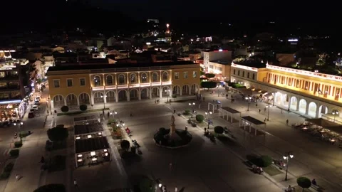Aerial panoramic night view over Solomos square in Zakynthos island, Greece 스톡 동영상 278359402