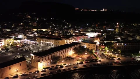 Aerial panoramic night view over Solomos square in Zakynthos island, Greece 動画素材 278359550