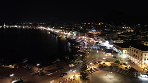 Aerial panoramic night view over Solomos square in Zakynthos island, Greece 库存影片 279494684