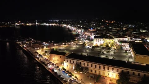 Aerial panoramic night view over Solomos square in Zakynthos island, Greece 库存影片 279495037