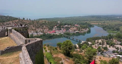 Aerial panoramic of Rozafa Castle in Shkoder, Albania Video stock 314717667