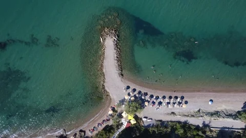 Aerial panoramic shot of a pier next to a resort beach. Stock Footage 343939604