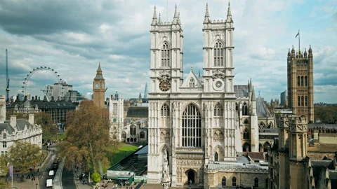 Aerial panoramic Timelapse view of Westminster Abbey, English British Church. Stock Footage 180262744