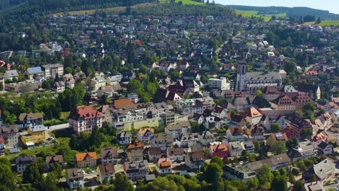 Aerial panoramic view above the cit Titisee-Neustadt  Stockbeeldmateriaal 345003532