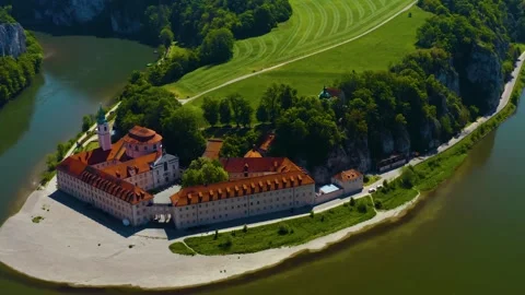 Aerial panoramic view above the monastery Weltenburg Stock Footage 345543079