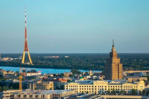 Aerial panoramic view Academy of Sciences and Riga Radio and TV Tower. Stock-Fotos