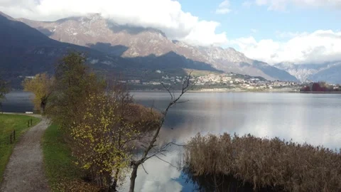 Aerial panoramic view of an alpine lake Stock Footage 165986284
