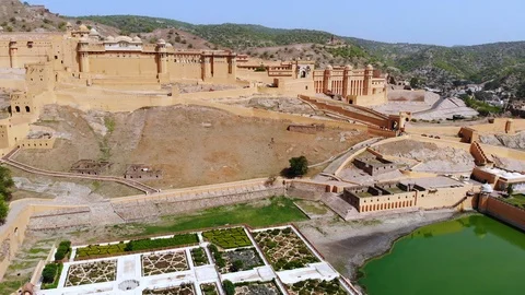 Aerial panoramic view of Amber (Amer) Palace/Fort, near Jaipur, Rajasthan, India Stock Footage 92425389