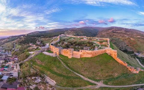 Aerial panoramic view of the ancient citadel of Naryn-Kala, fortress wall Stock Photos