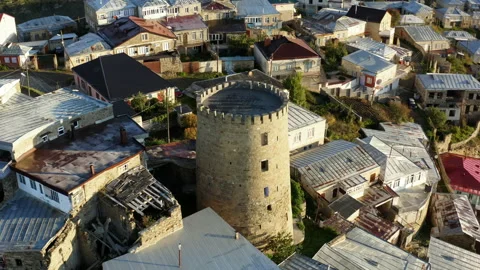 Aerial panoramic view of the ancient tower of Derbent. Derbent old town. Stock Footage 143926521