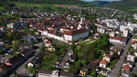 Aerial panoramic view around the city Delemont in Germany Stock Footage 308802012