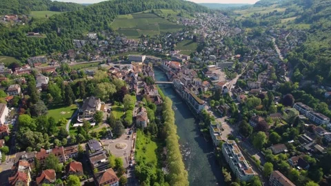 Aerial panoramic view around the old town of Baden  in Switzerland Stock Footage 308550825