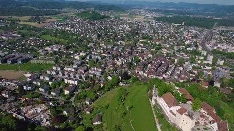 Aerial panoramic view around the old town of Lenzburg  in Switzerland Stock Footage 308550826