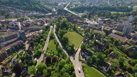 Aerial panoramic view around the old town of Baden  in Switzerland Vidéo 308556641