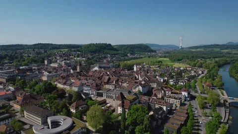 Aerial panoramic view around the old town of Aarau  in Switzerland Stock Footage 308562122
