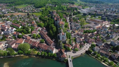 Aerial panoramic view around the old town of Aarburg  in Switzerland Stock Footage 308562494