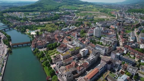 Aerial panoramic view around the old town of Olten  in Switzerland Stock Footage 308562495