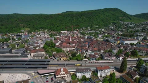 Aerial panoramic view around the old town of Liestal  in Switzerland Stock Footage 308562651