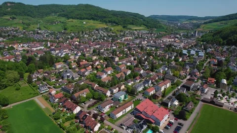 Aerial panoramic view around the old town of Sissach  in Switzerland Stock Footage 308562659