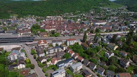 Aerial panoramic view around the old town of Liestal  in Switzerland 库存影片 308562795
