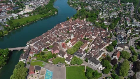 Aerial panoramic view around the old town of Rheinfelden  in Switzerland Stock Footage 308562904