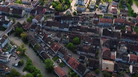 Aerial panoramic view around the old town of Laufen  in Switzerland Stock Footage 308792028