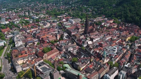 Aerial panoramic view around the old town of Freiburg im Breisgau  in Germany Stock Footage 308792139