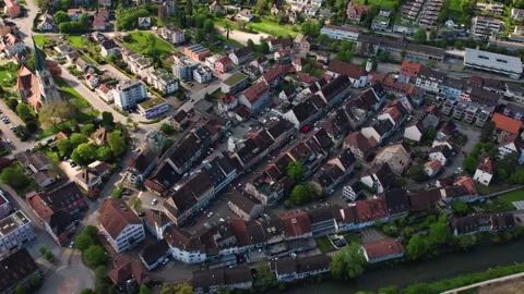 Aerial panoramic view around the old town of Laufen  in Switzerland Stock Footage 308794453