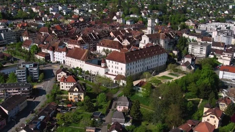 Aerial panoramic view around the old town of Delémont  in Switzerland Stock-Footage 308794484