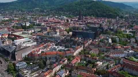 Aerial panoramic view around the old town of Freiburg im Breisgau  in Germany Vídeos de archivo 308803555