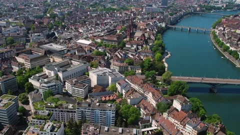Aerial panoramic view around the old town of Basel  in Switzerland Vídeo Stock 308804647