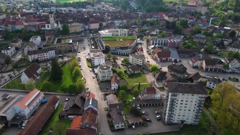 Aerial panoramic view around the old town of Porrentruy  in Switzerland Stock Footage 308805625