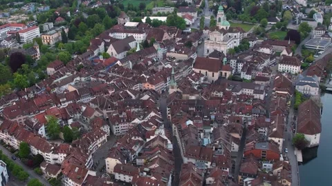 Aerial panoramic view around the old town of Solothurn  in Switzerland Stock Footage 308805959