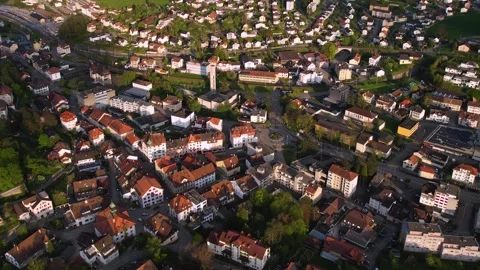 Aerial panoramic view around the old town of Moutier  in Switzerland Видео 308809961