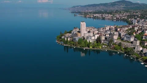 Aerial panoramic view around the old town of Montreux  in Switzerland Stock Footage 308812409