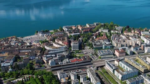 Aerial panoramic view around the old town of Vevey  in Switzerland Stock Footage 308812656