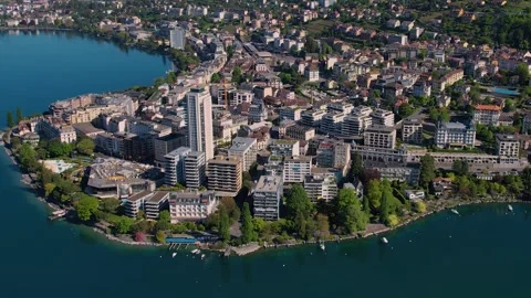 Aerial panoramic view around the old town of Montreux  in Switzerland Stock Footage 308812657