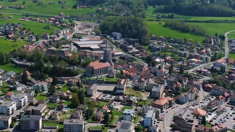 Aerial panoramic view around the old town of Châtel-Saint-Denis  in Switzerland Video stock 308812658