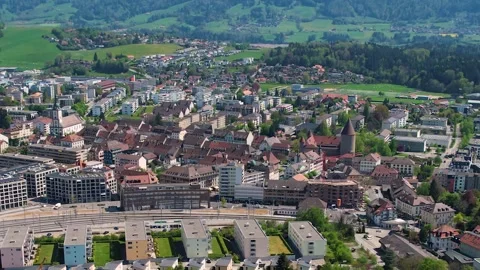 Aerial panoramic view around the old town of Bulle  in Switzerland Stock Footage 308812666