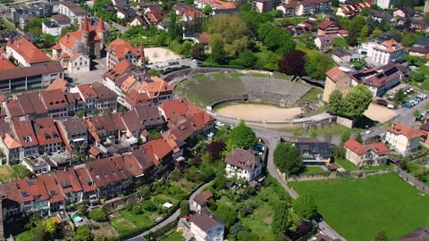 Aerial panoramic view around the old town of Avenches  in Switzerland Stock Footage 308813192