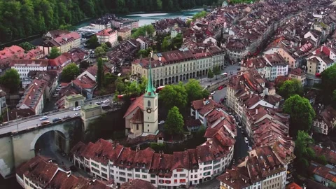 Aerial panoramic view around the old town of Bern  in Switzerland Stock Footage 308813481