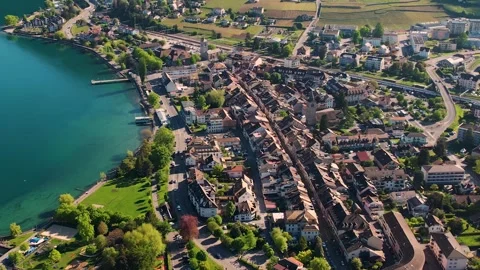 Aerial panoramic view around the old town of Villeneuve  in Switzerland Видео 308813997