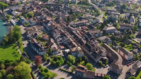 Aerial panoramic view around the old town of Villeneuve  in Switzerland Vídeos de archivo 308814016