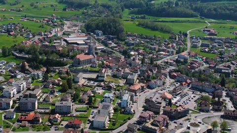 Aerial panoramic view around the old town of Châtel-Saint-Denis  in Switzerland Stock Footage 308814300