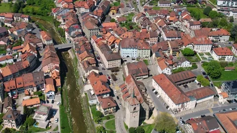 Aerial panoramic view around the old town of Moudon  in Switzerland 库存影片 308814602