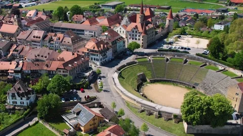 Aerial panoramic view around the old town of Avenches  in Switzerland 库存影片 308814762