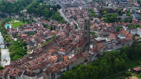 Aerial panoramic view around the old town of Fribourg  in Switzerland Vídeos de archivo 308814807