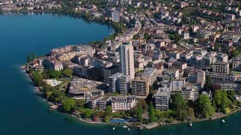 Aerial panoramic view around the old town of Montreux  in Switzerland Vidéo 308820246